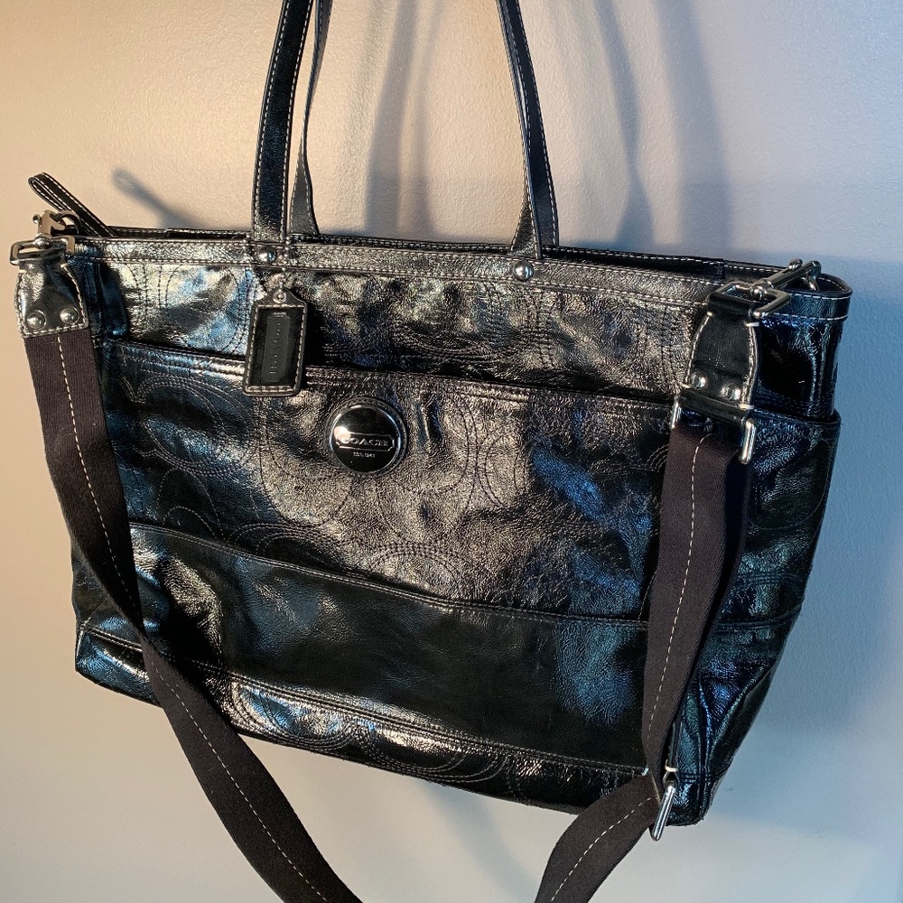 Black leather Coach diaper bag